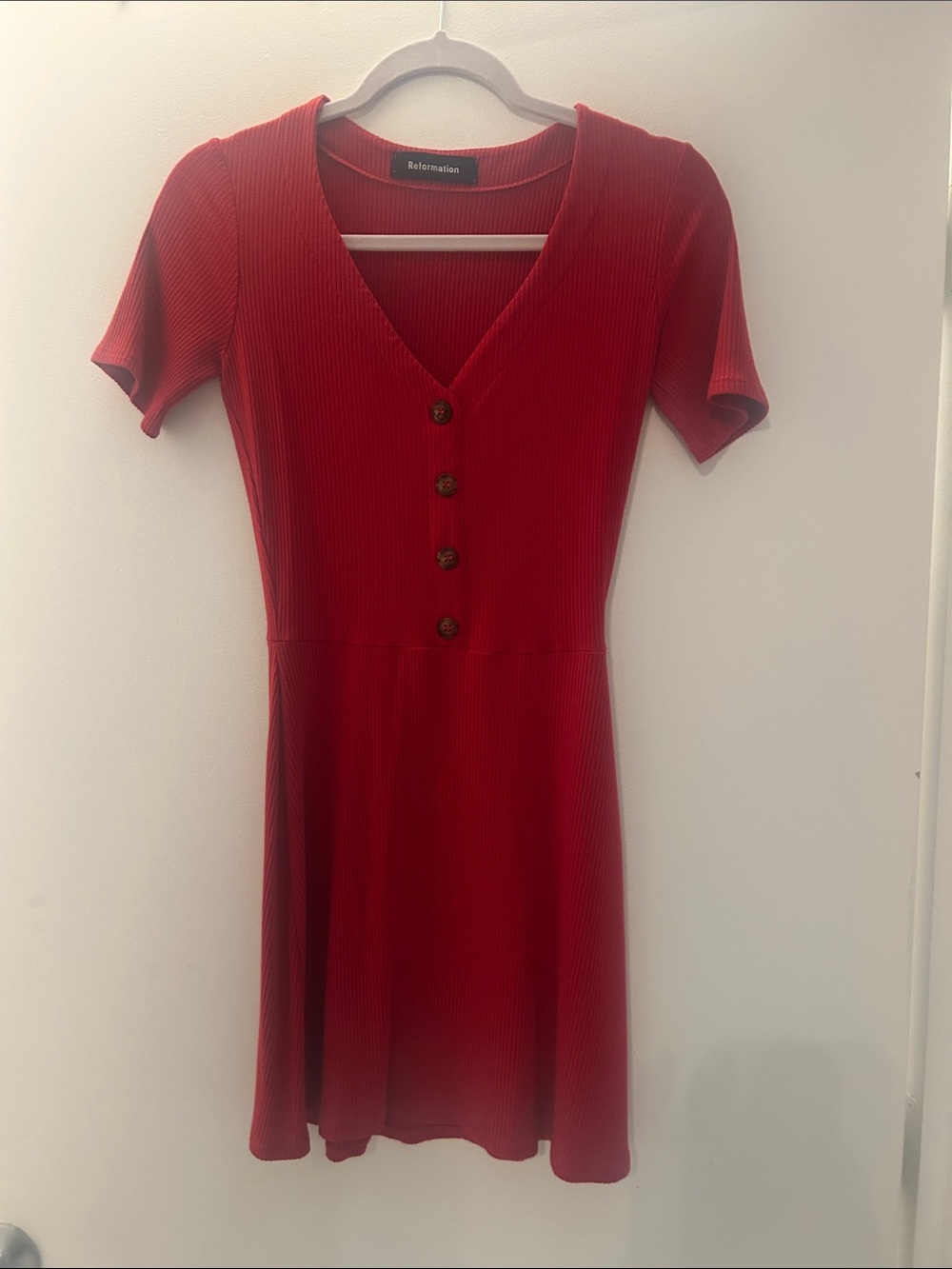 Reformation Scarlet Ribbed V-Neck Button Skater Dress